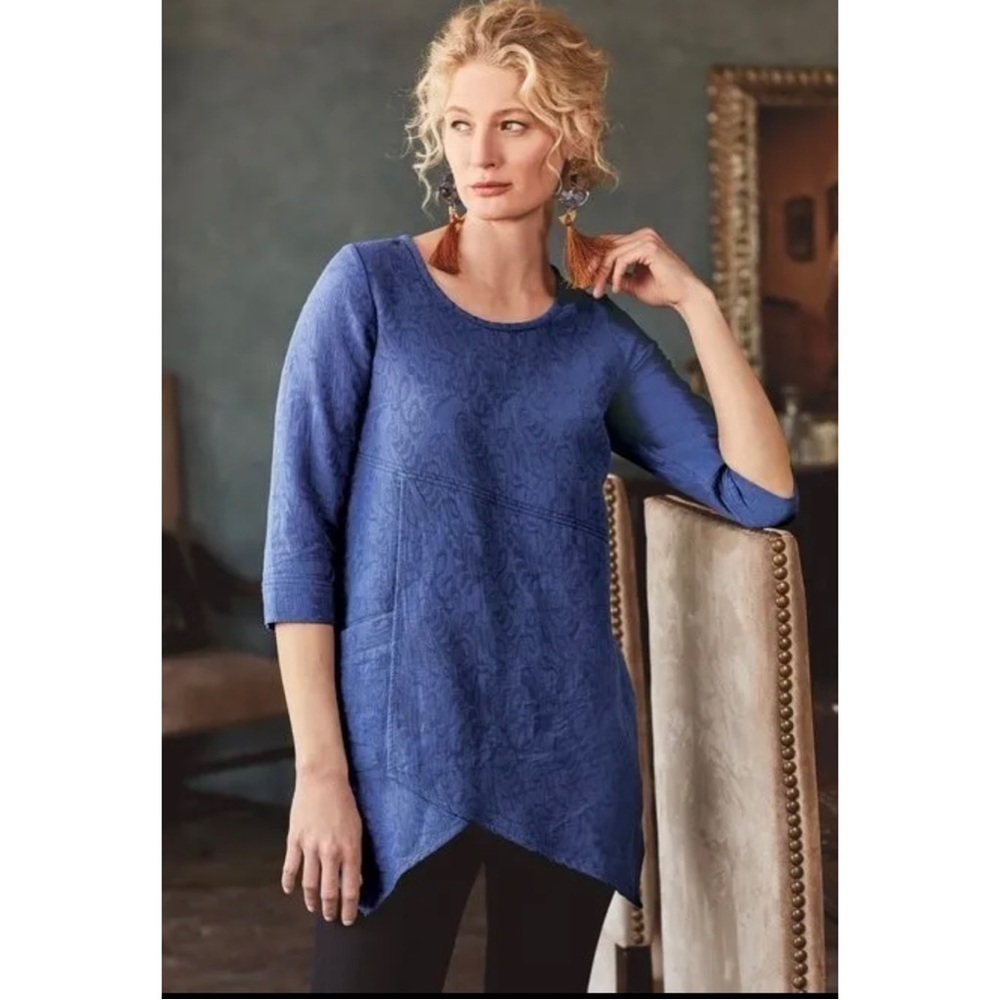 Soft Surroundings Womens Sz L Blue Asymmetrical Cotton Jacquard Tunic Top Blouse